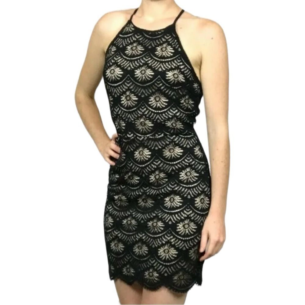 NWT Monteau Black Lace Strappy Sleeveless Mini Dress Nude Lining Women's Small - Picture 1 of 8